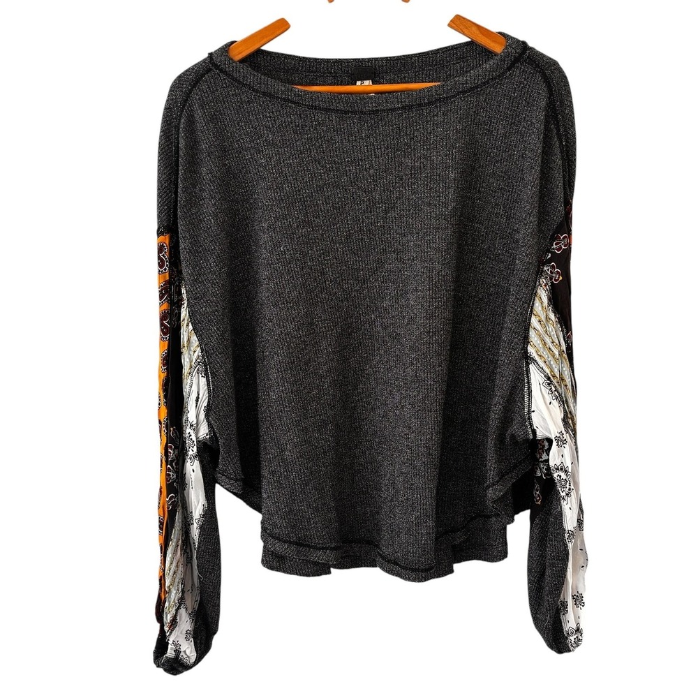 We The Free Thermal Dolman Sleeve Top Womens Size S Boho‎ Gray Paisley Knit